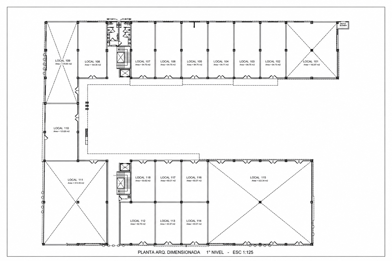 Plano dimensionado del primer nivel de Plaza Roca Universal con la numeración y superficie de cada local