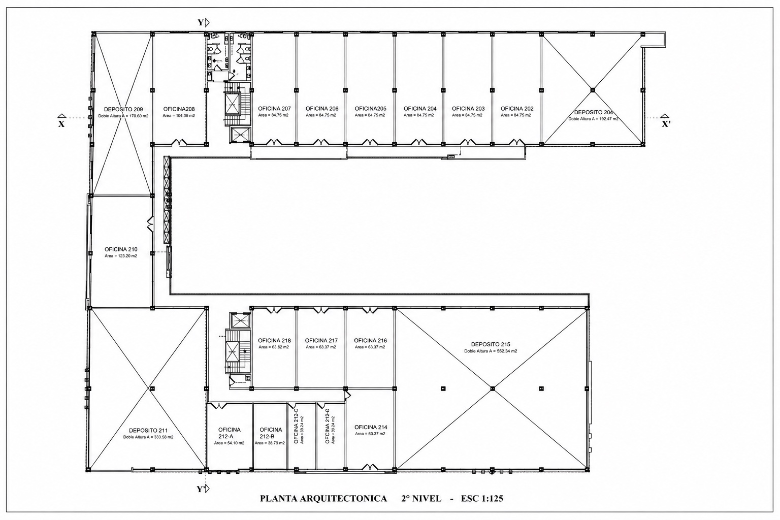 Plano dimensionado del segundo nivel de Plaza Roca Universal con la numeración y superficie de cada local